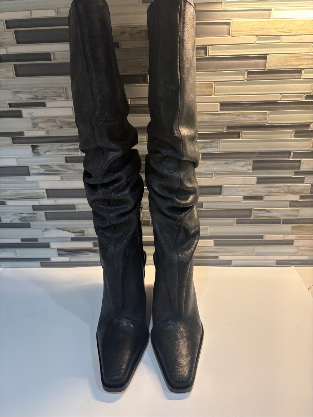 Michael Kors Noemie Black distressed Slouched Over-the-Knee Leather Boots